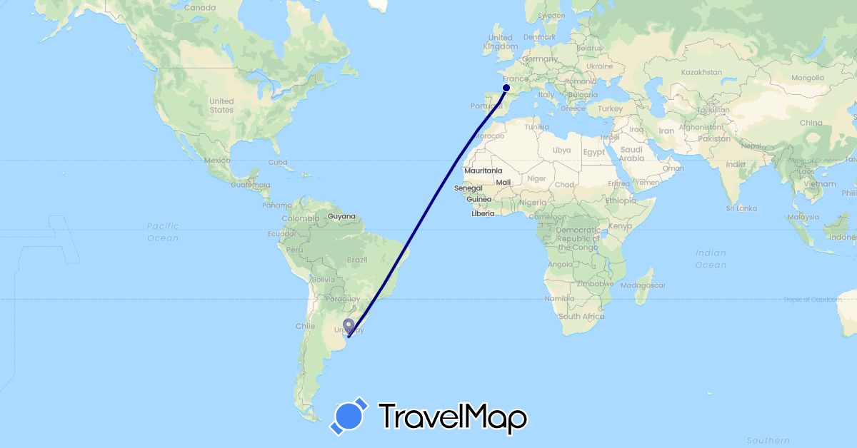 TravelMap itinerary: driving in Spain, France, Uruguay (Europe, South America)